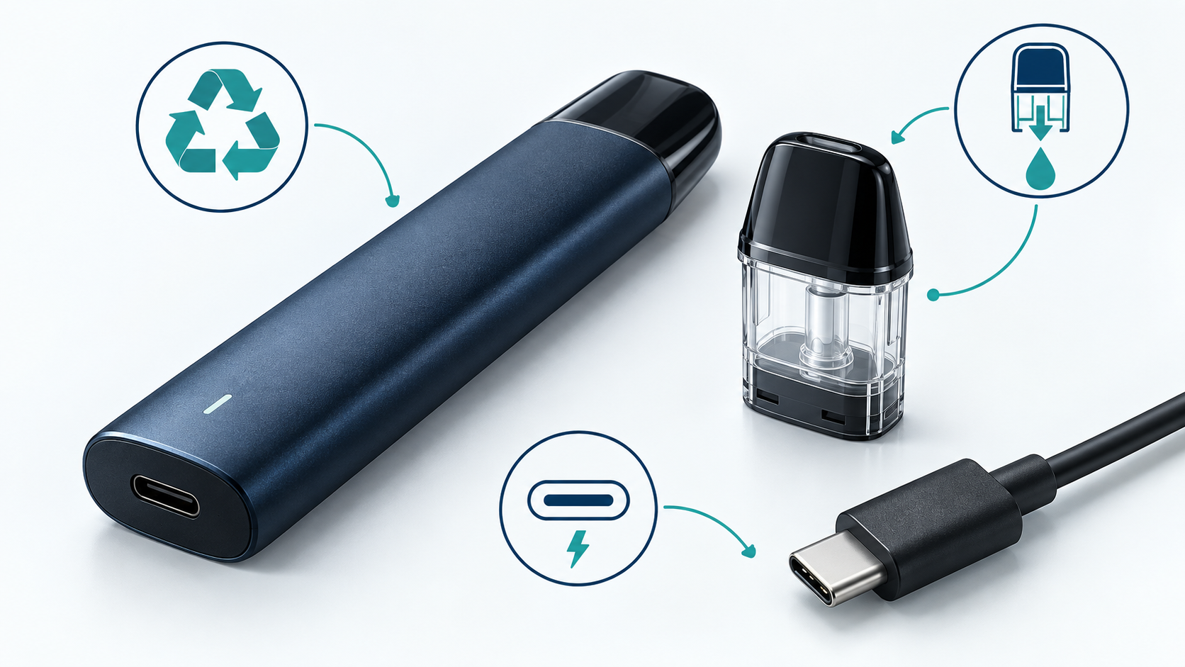Generic rechargeable device with refillable pod and USB-C cable
