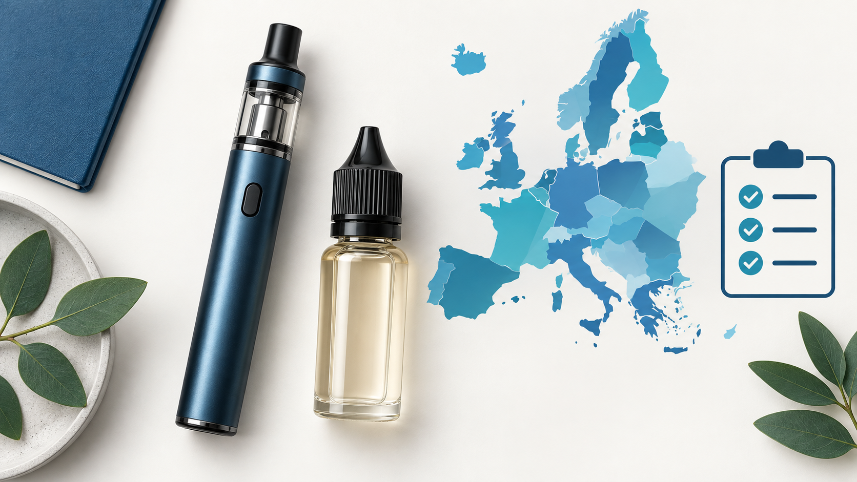 Illustration of an unbranded vape device, sealed e-liquid bottle and European safety checklist