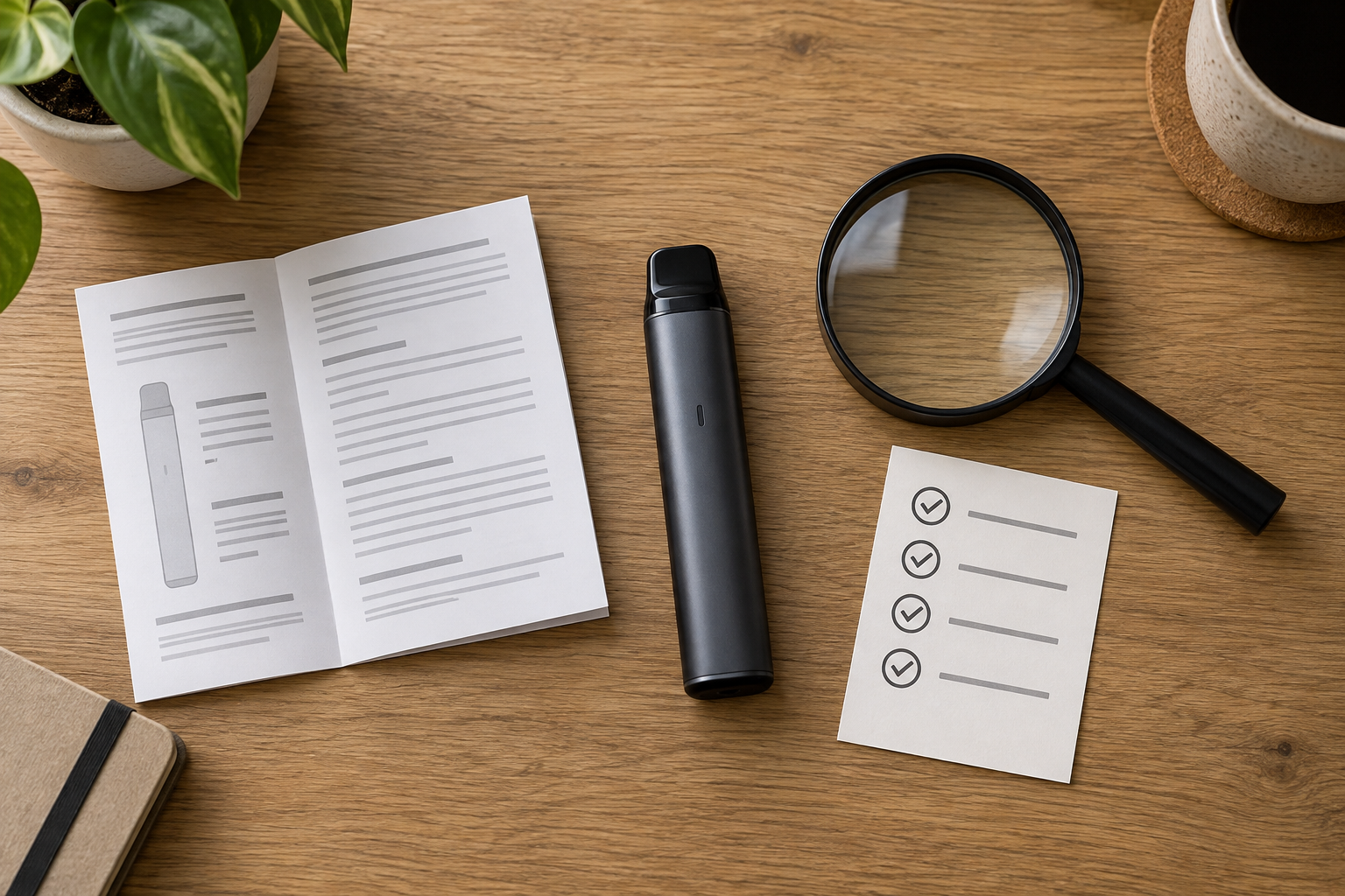 Unbranded e-cigarette device with instructions, magnifying glass and a selection checklist
