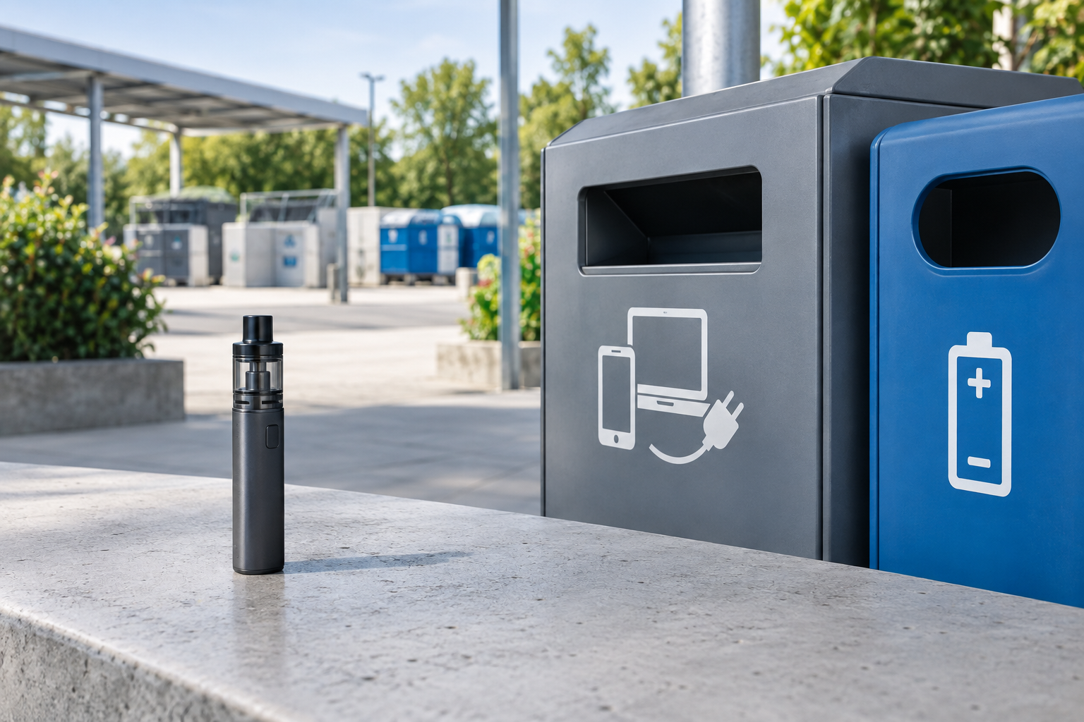 Unbranded electronic cigarette device beside e-waste and battery collection containers