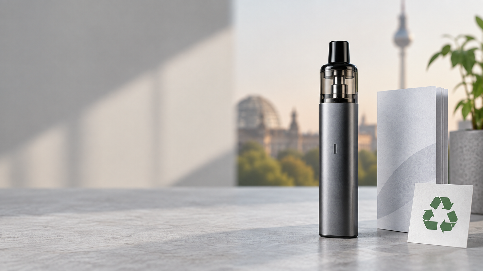 Unbranded rechargeable e-cigarette device with product leaflet and recycling symbol in Berlin